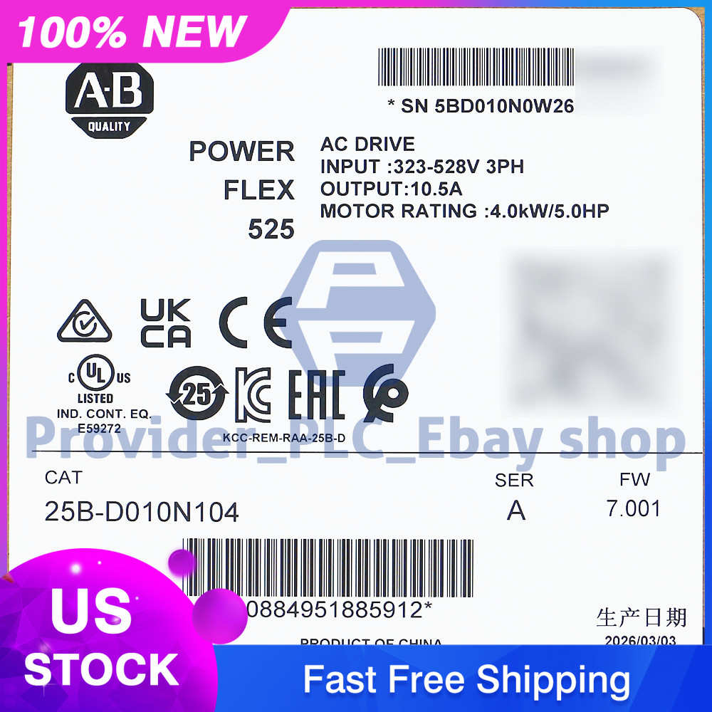 Allen Bradley 25B-D010N104 /A Powerflex 525 AC Drive 5HP 4.0KW 25BD010N104