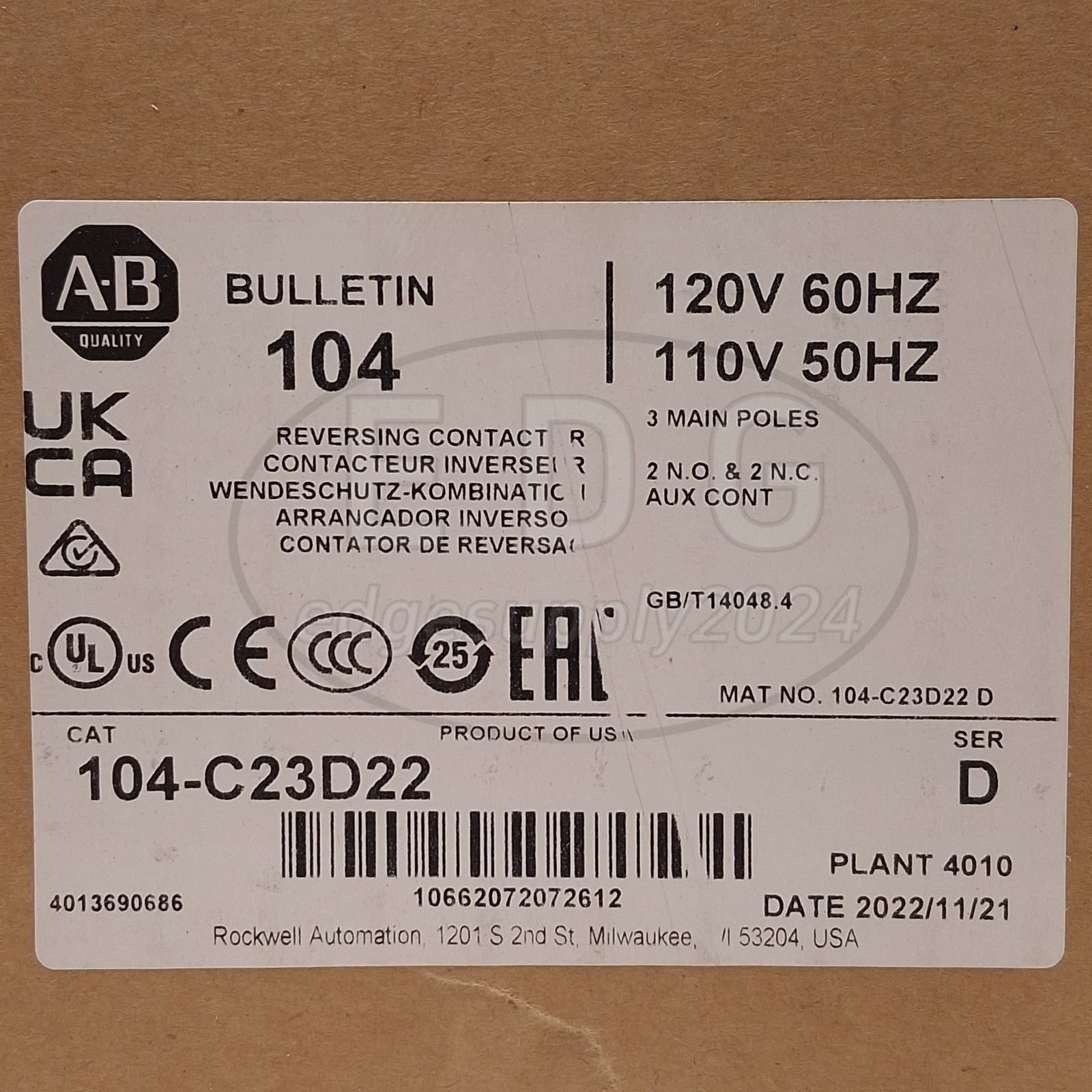 NEW AllenBradley 104-C23D22 IEC Reversing Contactor 3-Pole 2NO+2NC,23A400VAC11kW