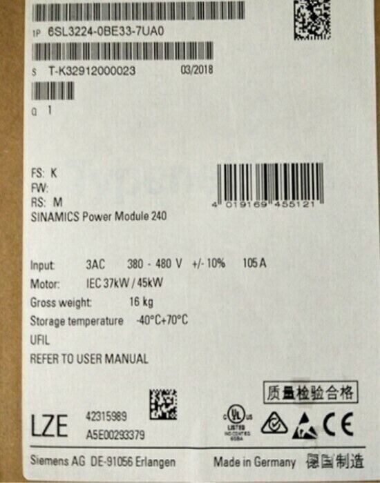 6SL3224-0BE33-7UA0 NEW SIEMENS 6SL3 224-0BE33-7UA0 SINAMICS G120 Power Module