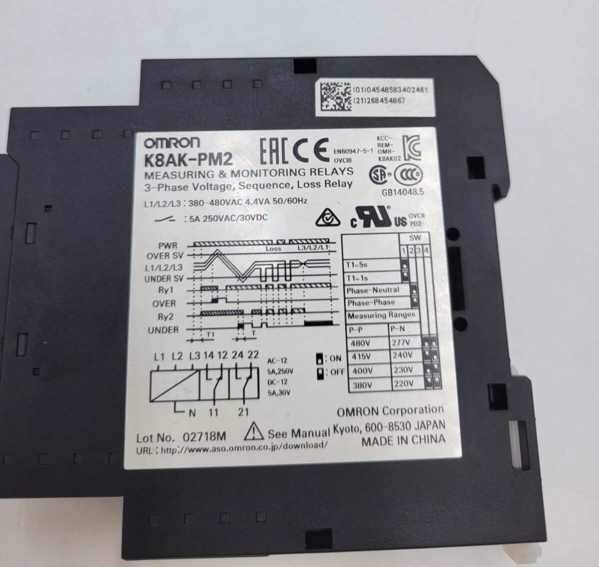 Omron K8AK-PM2 Measuring & Monitoring Relay 4.4VA 3PH 380-480VAC 5A 250VAC/30VDC