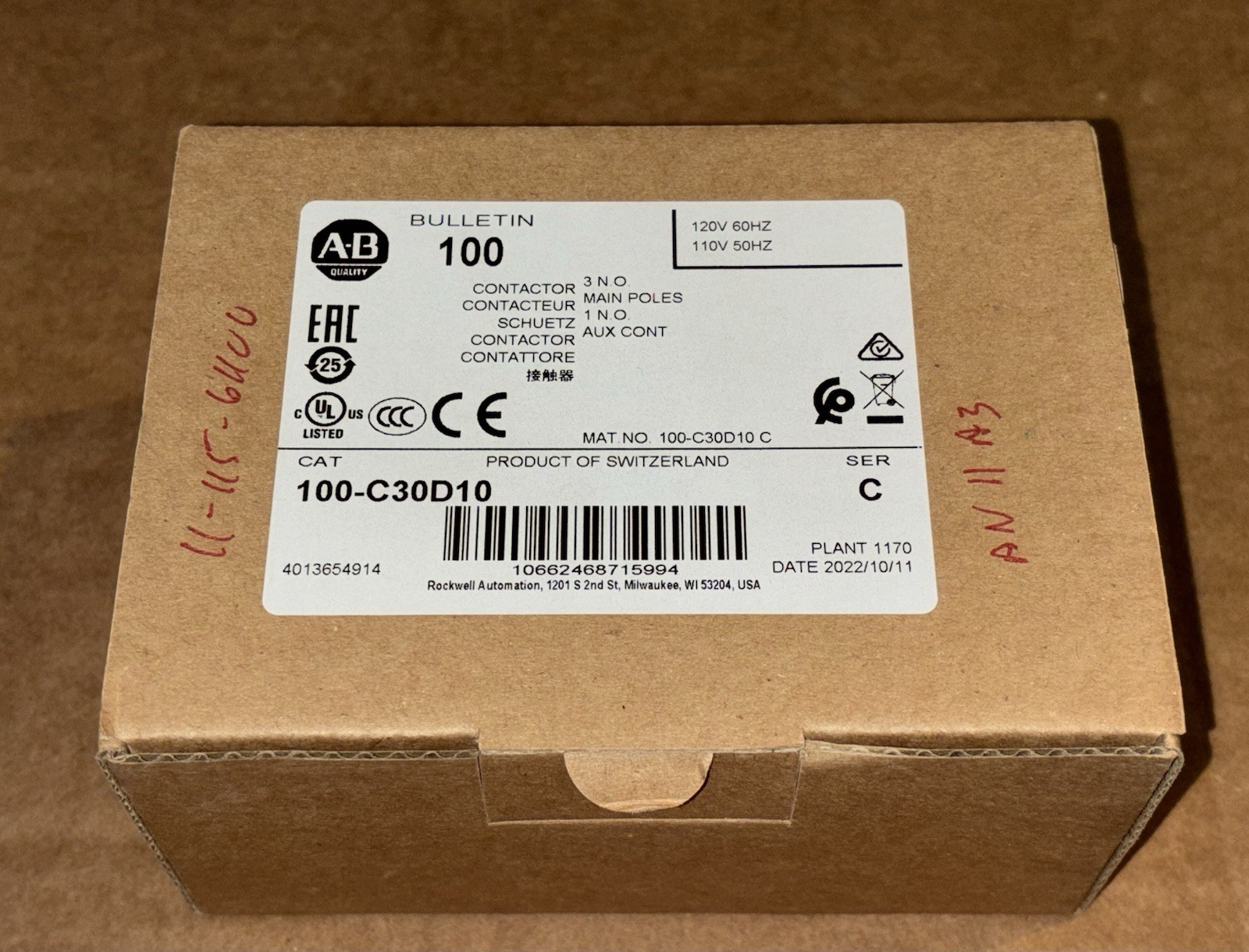 Allen Bradley 100-C30D10 Contactor 100-C30*00, 100-S, 3 NO main, 1 NO aux, NOS