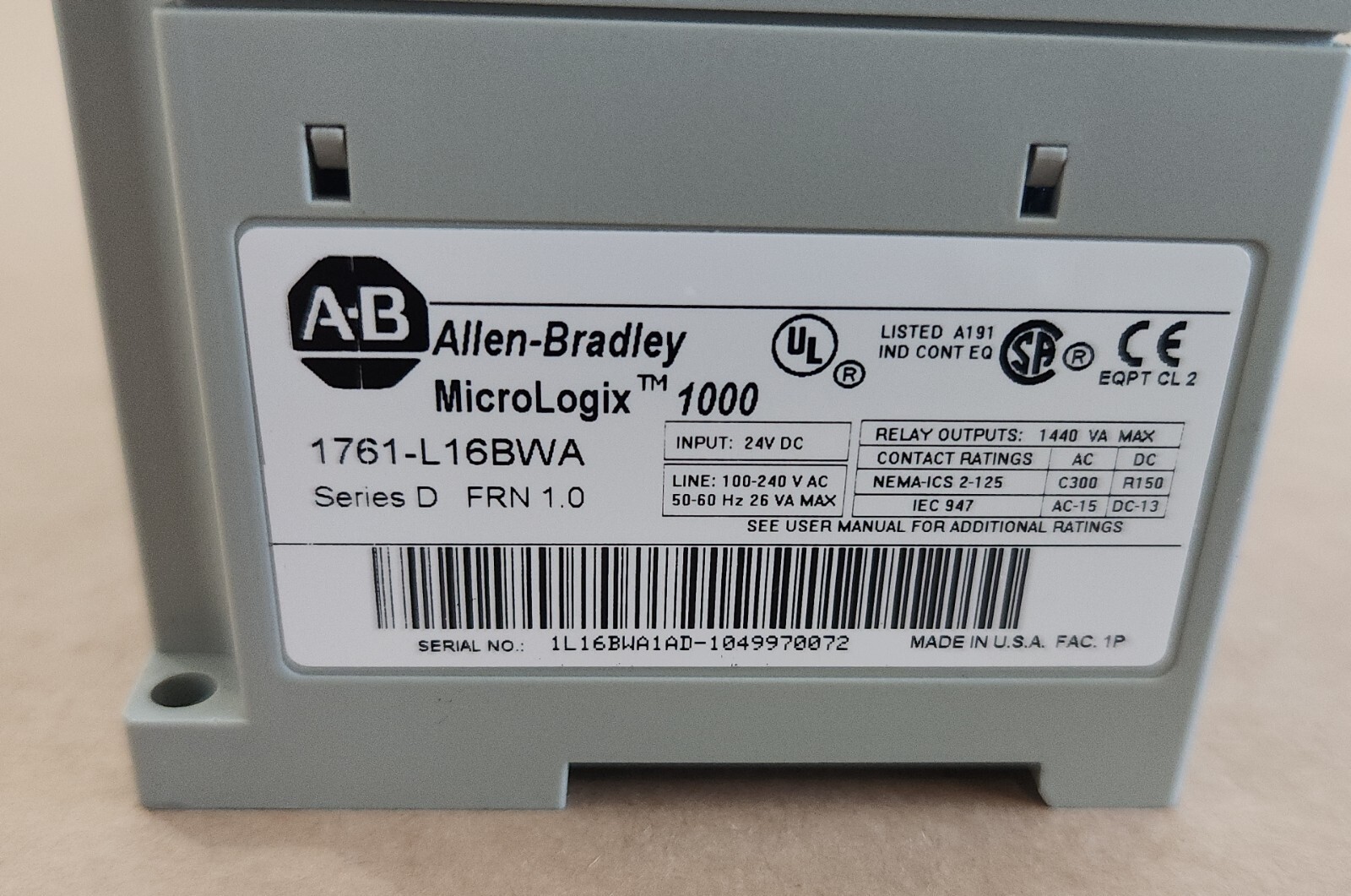 *PREOWNED* Allen-Bradley 1761-L16BWA /D MicroLogix 1000 FRN 1.0 24V + Warranty!
