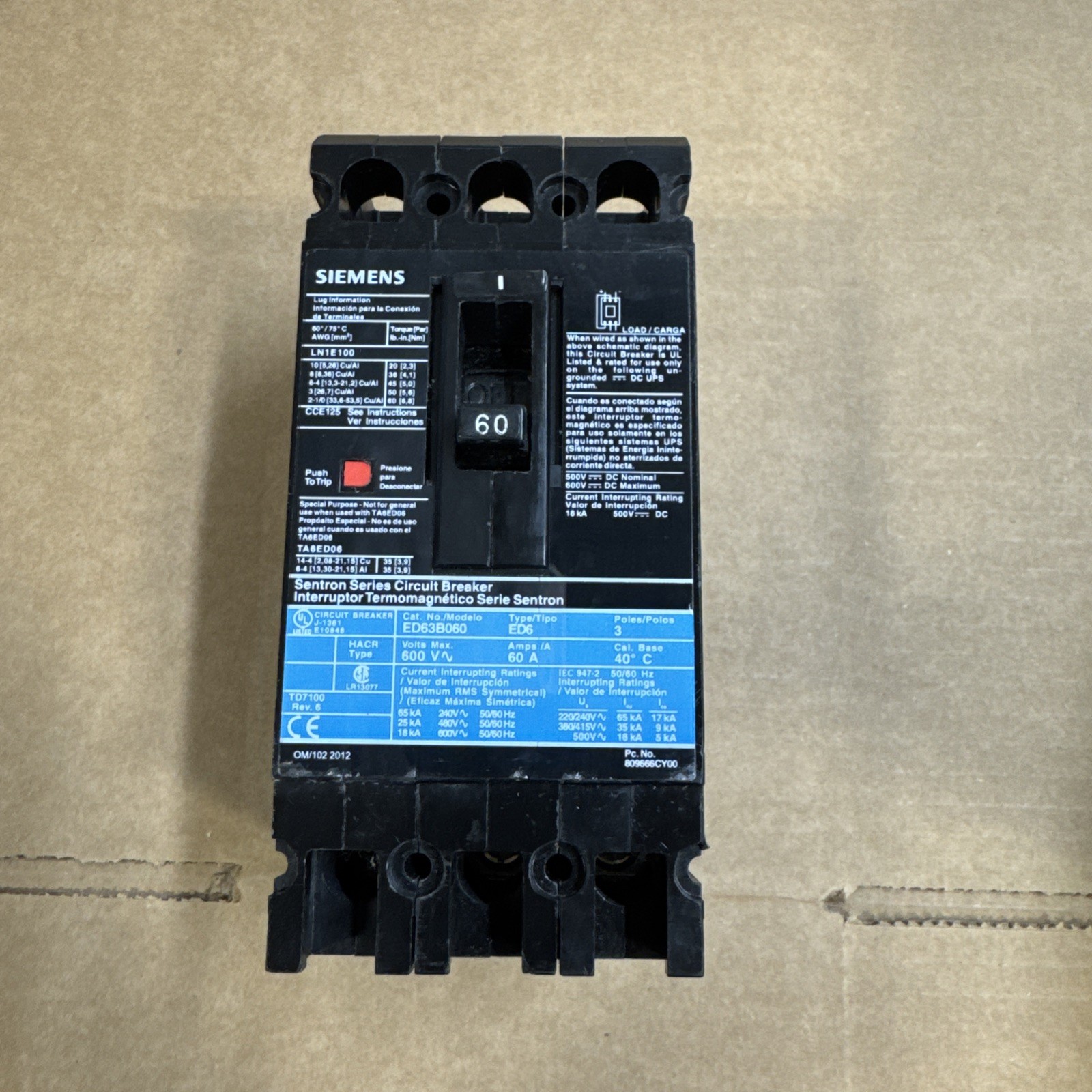 SURPLUS NEW SIEMENS ED63B060 60 Amp 3 Poles 600V Circuit Breaker – Electrical