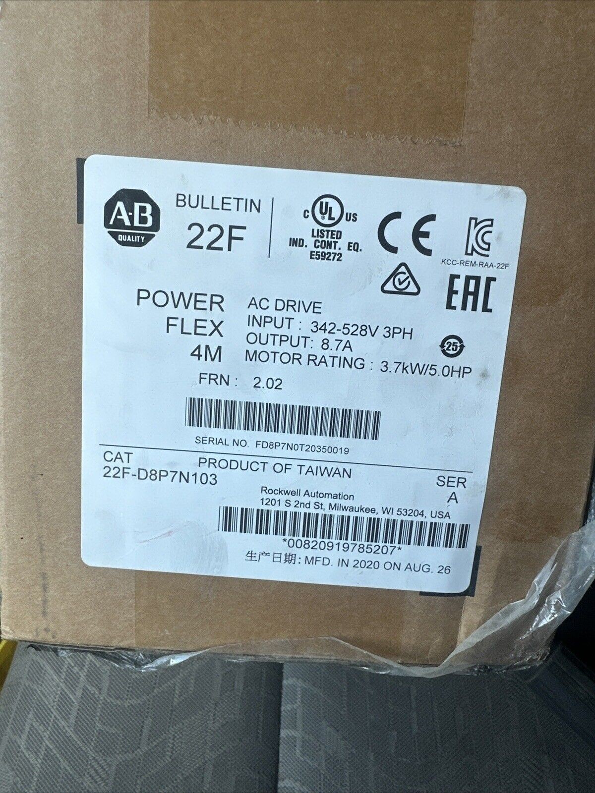 Free Shipping Ser/A PowerFlex4M AC Drive 22F-D8P7N103