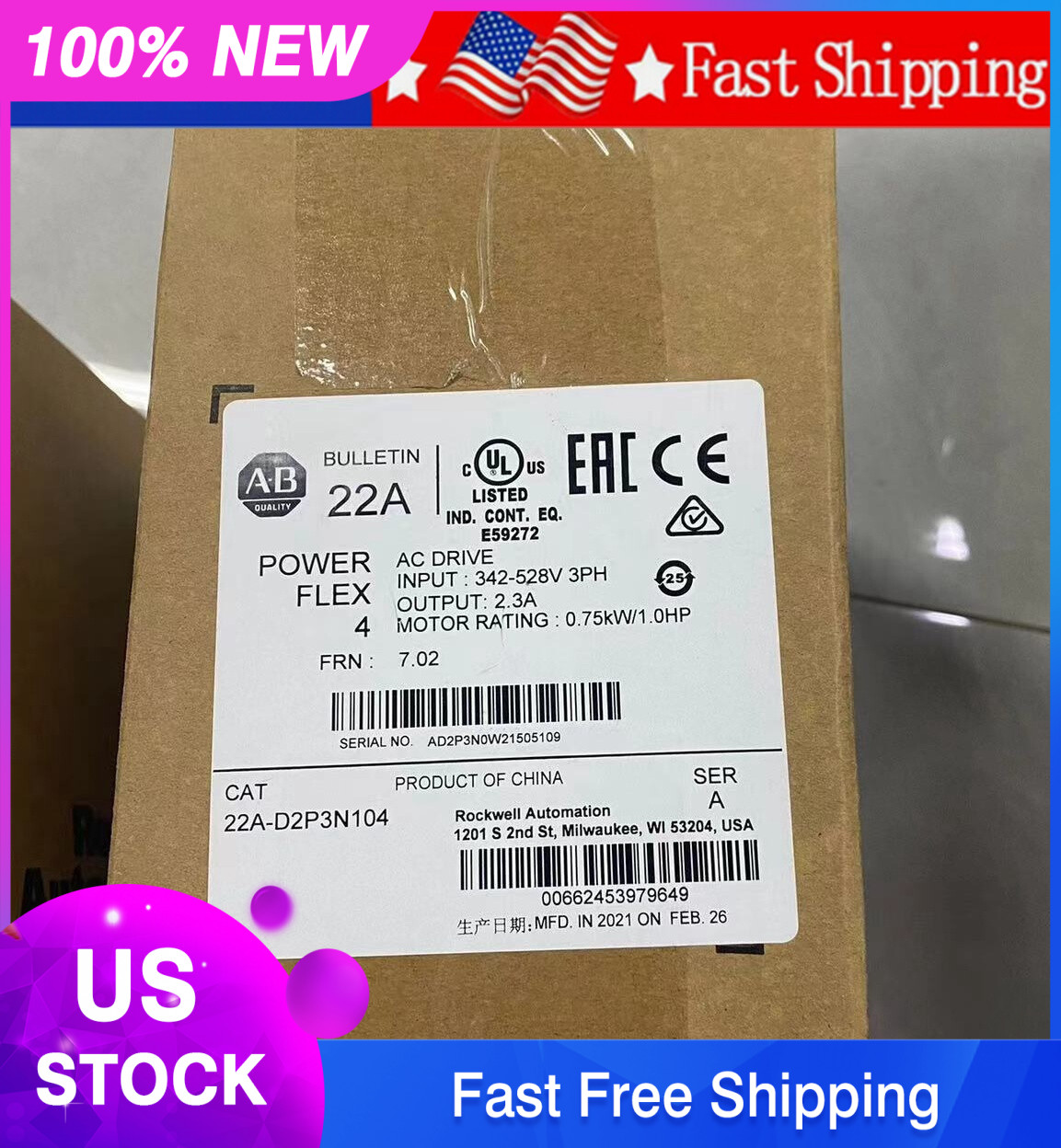 1PCS NEW Unopened Allen-bradley 22A-D2P3N104 Powerflex 4 AC Drive Fast ship