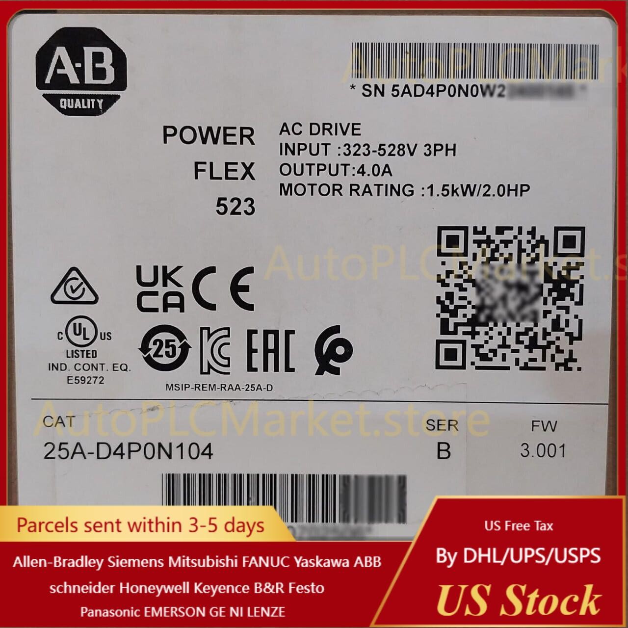 New Sealed Allen-Bradley 25A-D4P0N104 Ser B PowerFlex 523 AC Drive 1.5kW 2.0HP