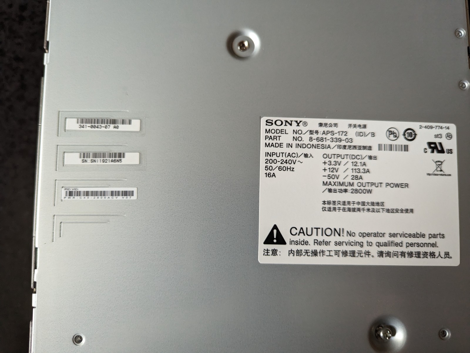 NEW Cisco PWR-C45-2800ACV Switch Module power supply, Sony APS-172