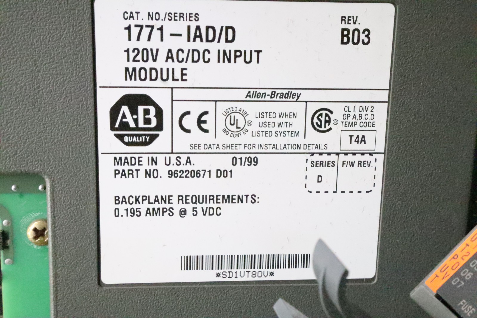 Allen Bradley 1771-A4B Ser B 1771-ASB/D (2) 1771-OAD/C & (5) 1771-IAD/D Used