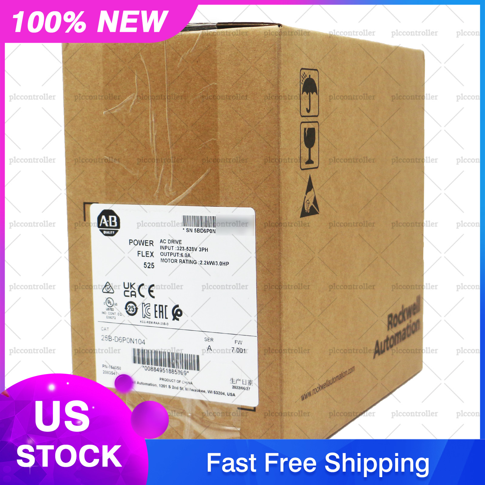 New Sealed Allen Bradley 25B-D6P0N104 PowerFlex 525 2.2kW (3Hp) AC Drive 3 Phase