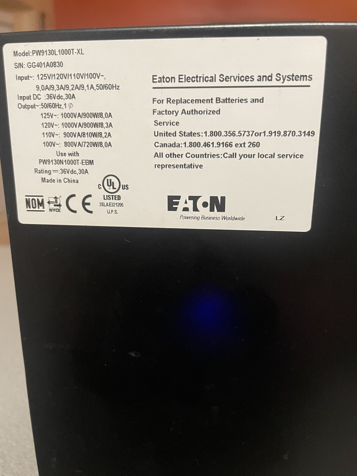 Eaton PW9130L1500T-XL UPS 125V/120V/110V/100V, 36VDC, 30Amp