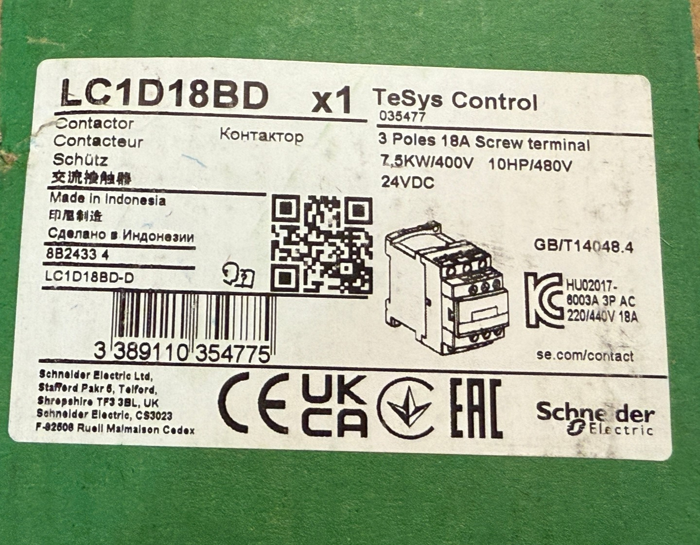 Schneider LC1D18BD IEC Contactor TeSys Deca, nonreversing, 18A, 3 phase, 24VDC