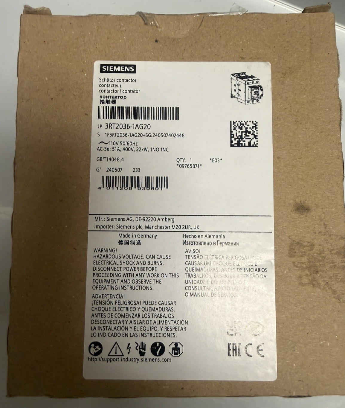 NEW Siemens 3RT2036‑1AG20 SIRIUS Contactor 110V AC Coil