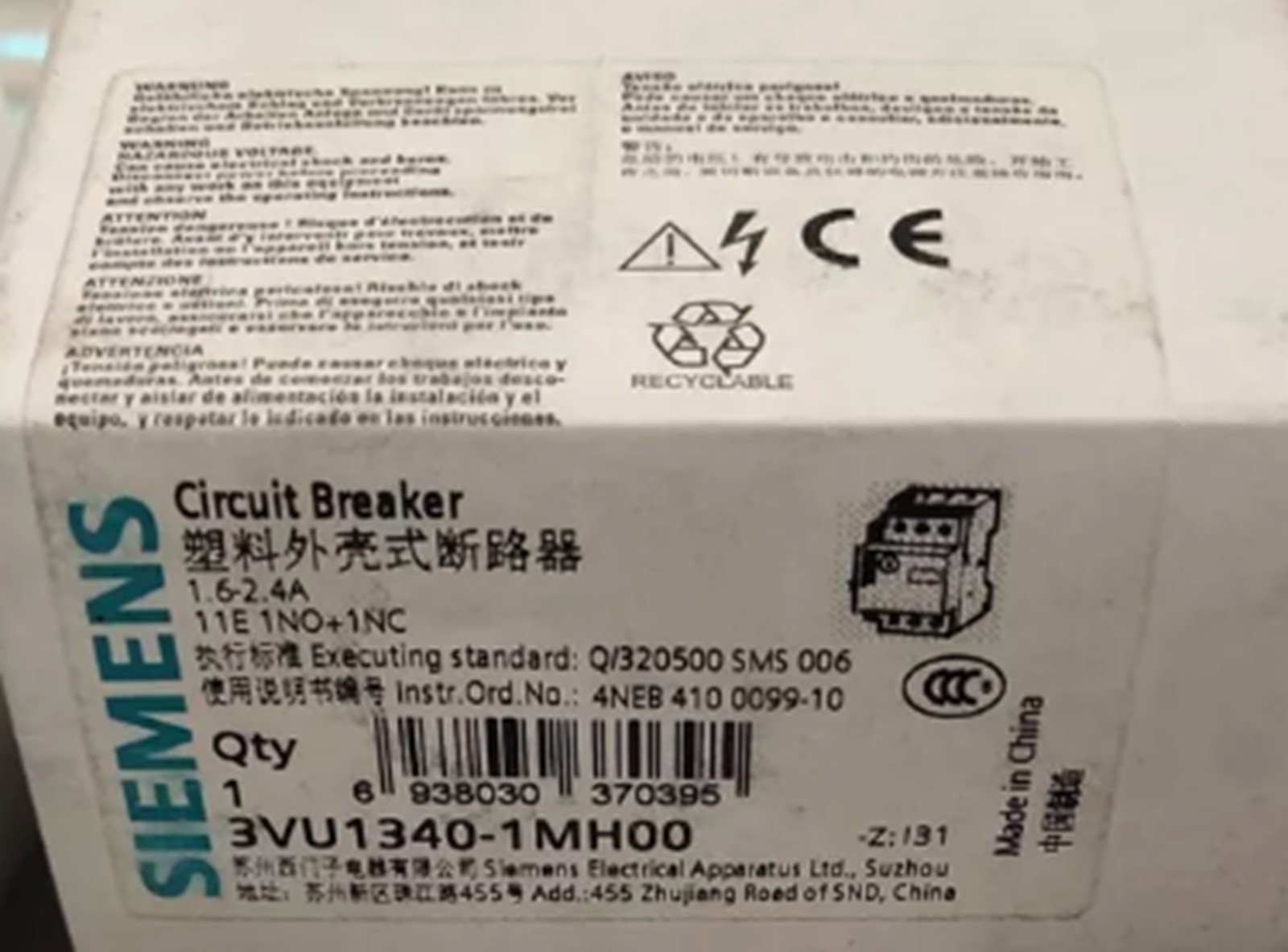 1PCS NEW SIEMENS 3VU1340-1MH00 Circuit Breaker 1.6-2.4A