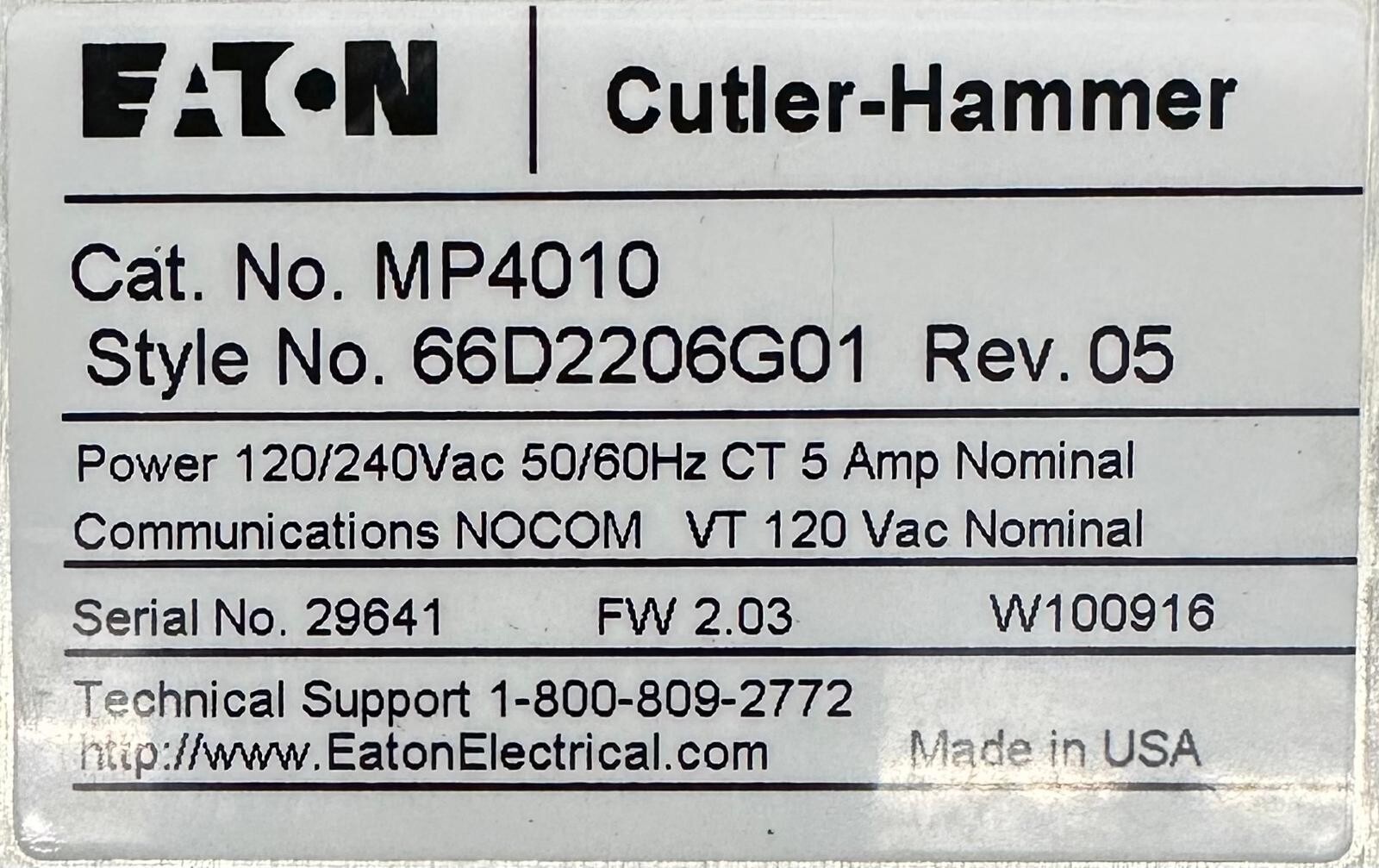 EATON CUTLER-HAMMER MP4010 PROTECTIVE RELAY MP-4000 66D2206G01 Used