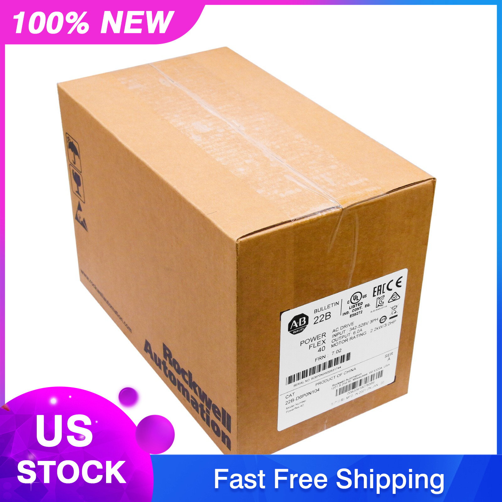 22B-D6P0N104 Allen-Bradley PowerFlex 40 2.2KW/3.0HP AC Drive US Free Tax