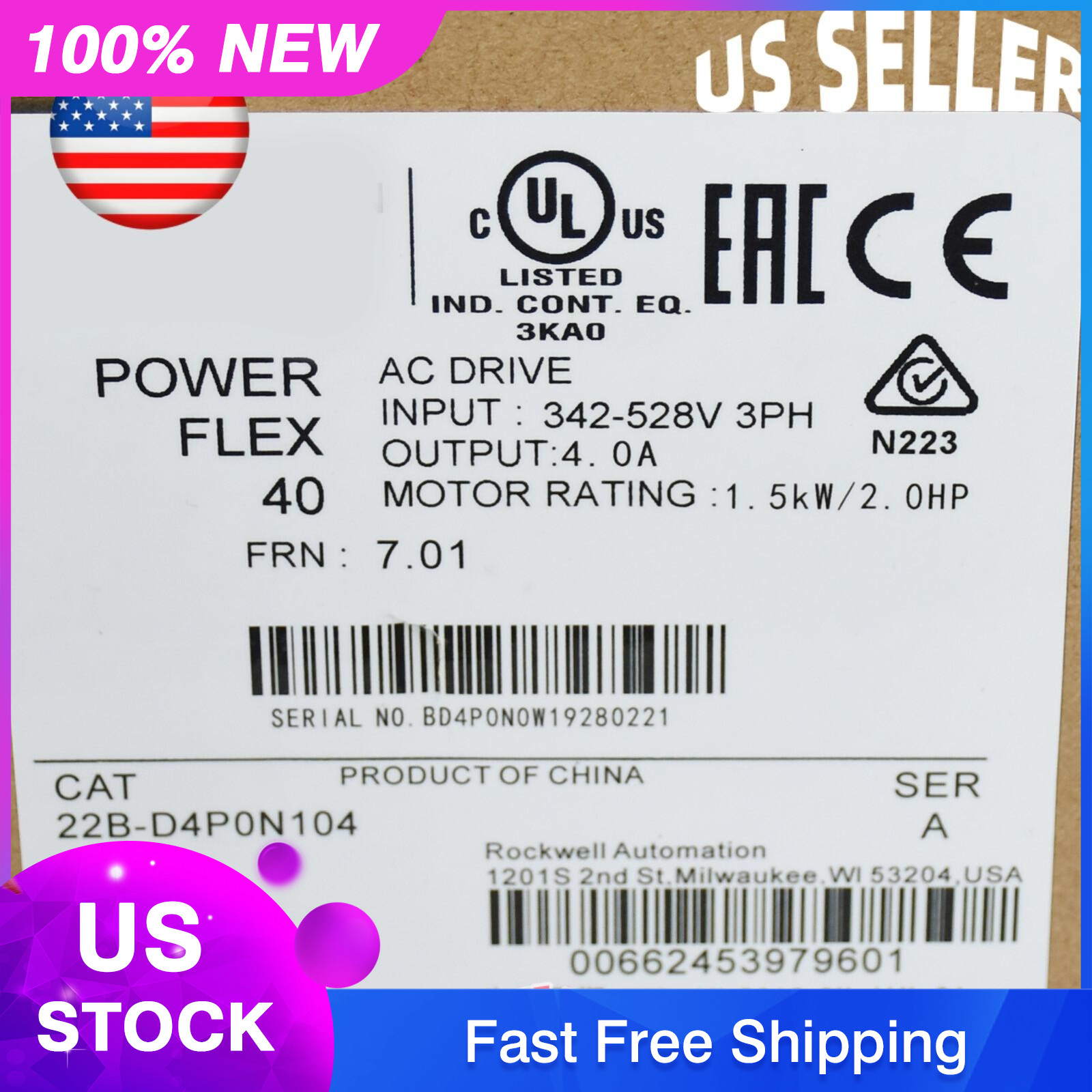 New Sealed Allen-Bradley 22B-D4P0N104 PowerFlex 1.5 kW 2 HP AC Drive AB