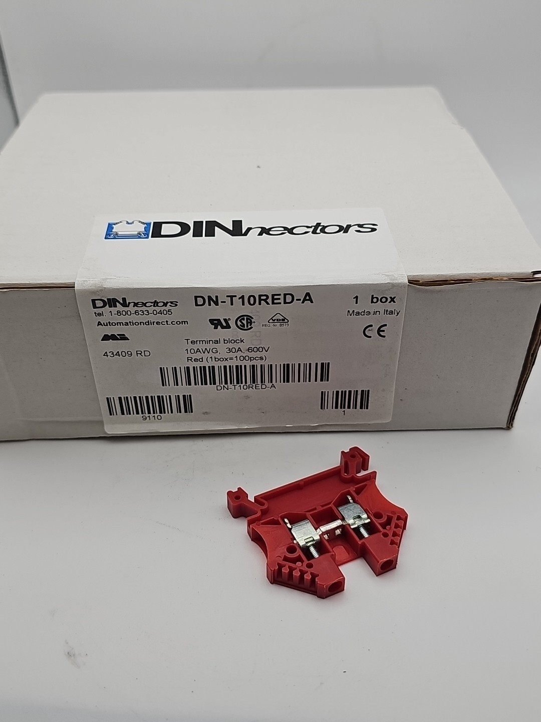 DINnectors DN-T10RED-A 20-10 AWG Din Rail Mt. RED Terminals (BOX OF 100)