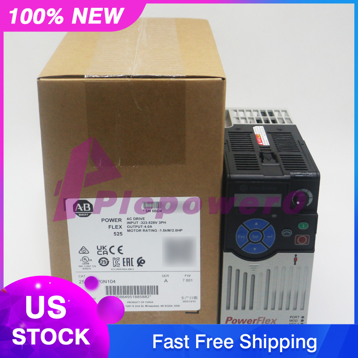New Allen Bradley 25B-D4P0N104 PowerFlex 525 1.5kW (2Hp) AC Drive