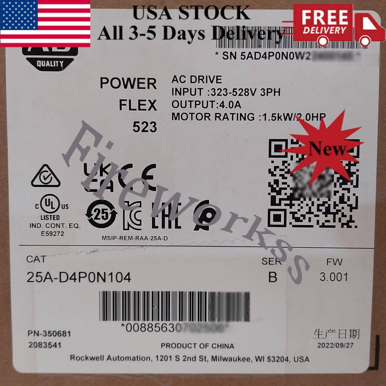 New Sealed Allen-Bradley 25A-D4P0N104 Ser B PowerFlex 523 AC Drive 1.5kW 2.0HP