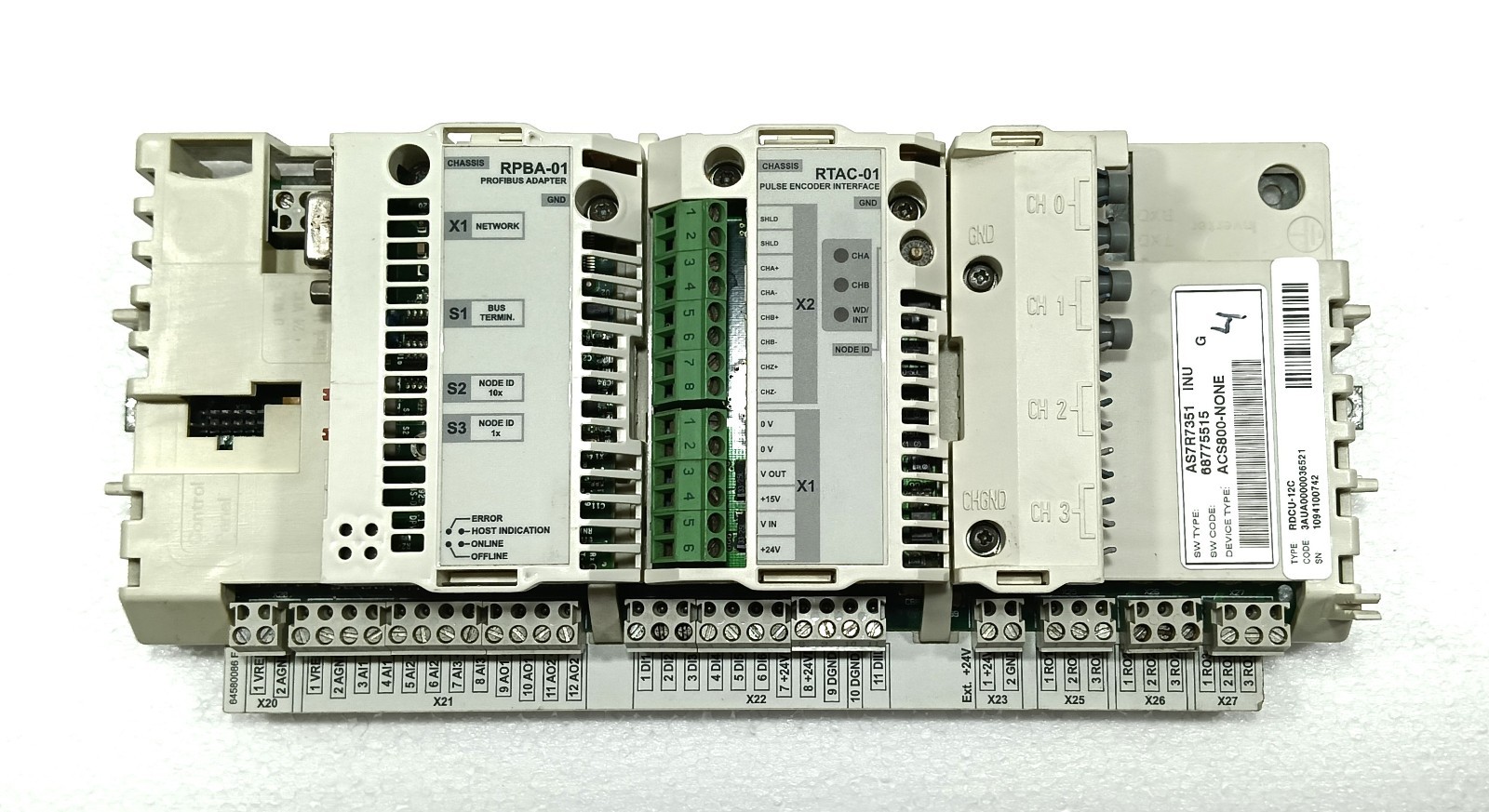 ABB RDCU-12C CONTROL UNIT 3AUA0000036521 WITH RPBA-01 AND RTAC-01 MODULES