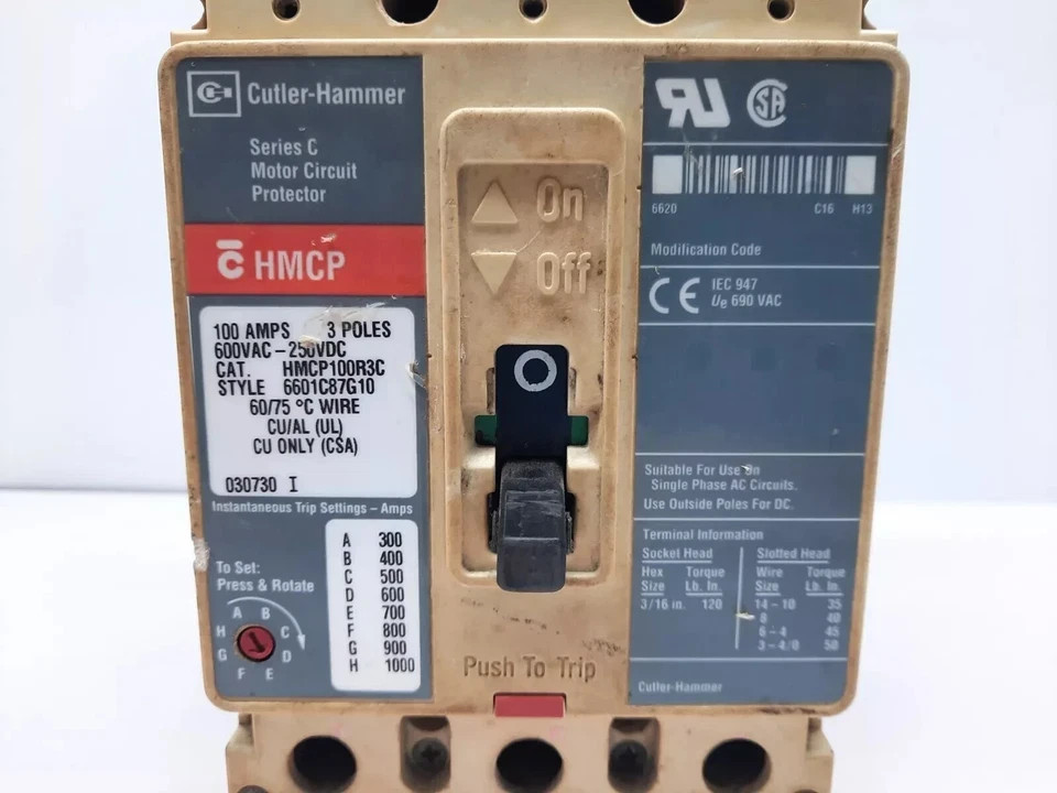 CUTLER HAMMER SERIES C HMCP100R3C Motor CIRCUIT BREAKER 3 POLE 100 AMPS 600VA