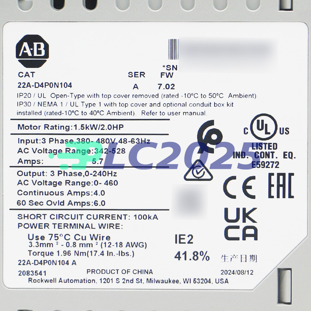 Allen Bradley 22A-D4P0N104 PowerFlex 4- 1.5 kW (2 HP) AC Drive New Sealed