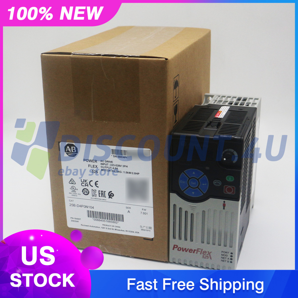 New AB Allen-Bradley 25B-D4P0N104 PowerFlex 525 1.5kW 2Hp AC Drive
