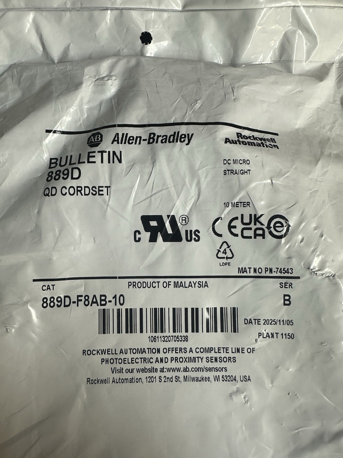 New Allen Bradley 889D-F8AB-10 QD Cordset DC Micro Straight 10m Ser.B