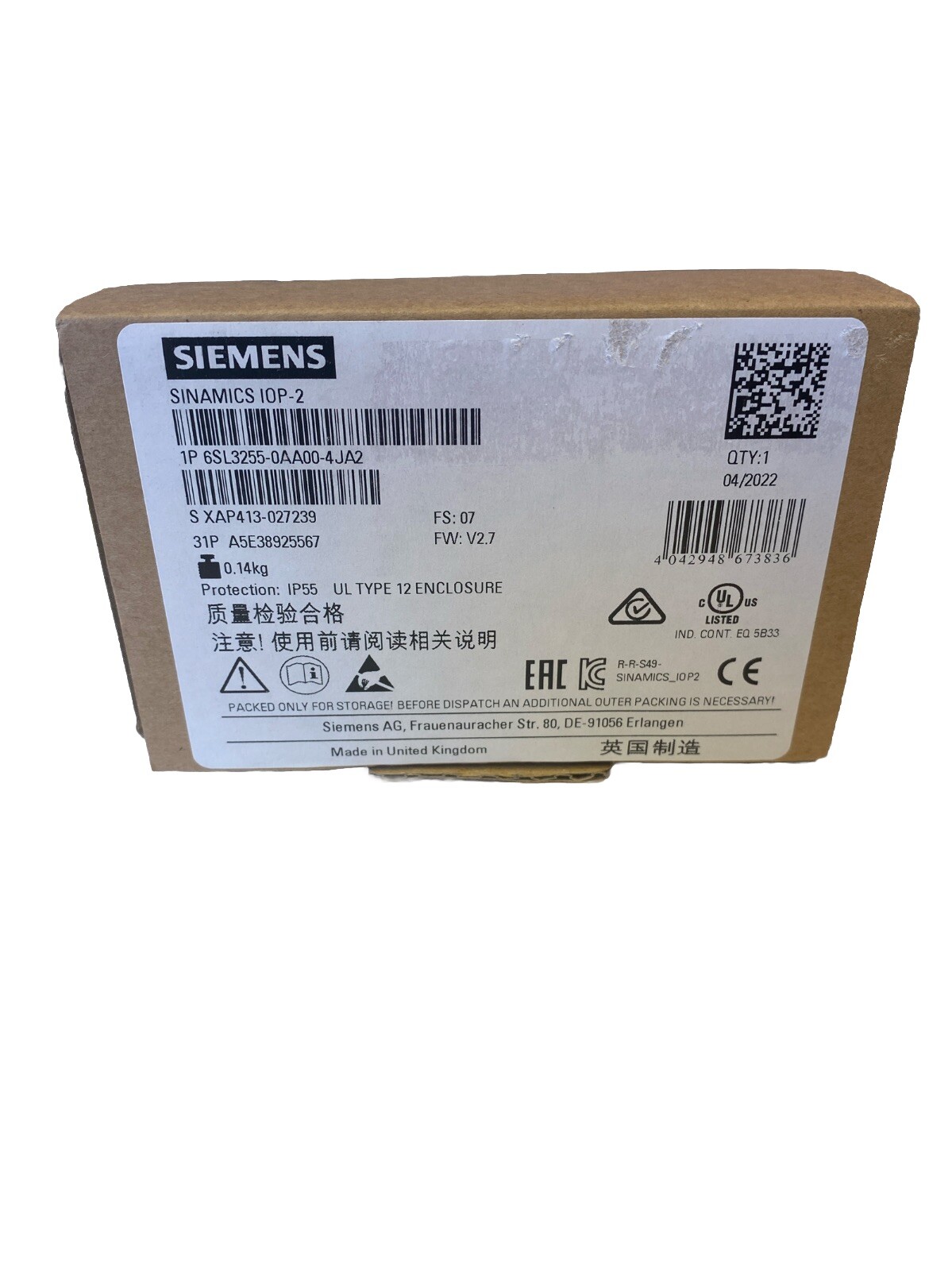 Siemens SINAMICS IOP-2 Intelligent Operator Panel – 6SL3255-0AA00-4JA2 – New &