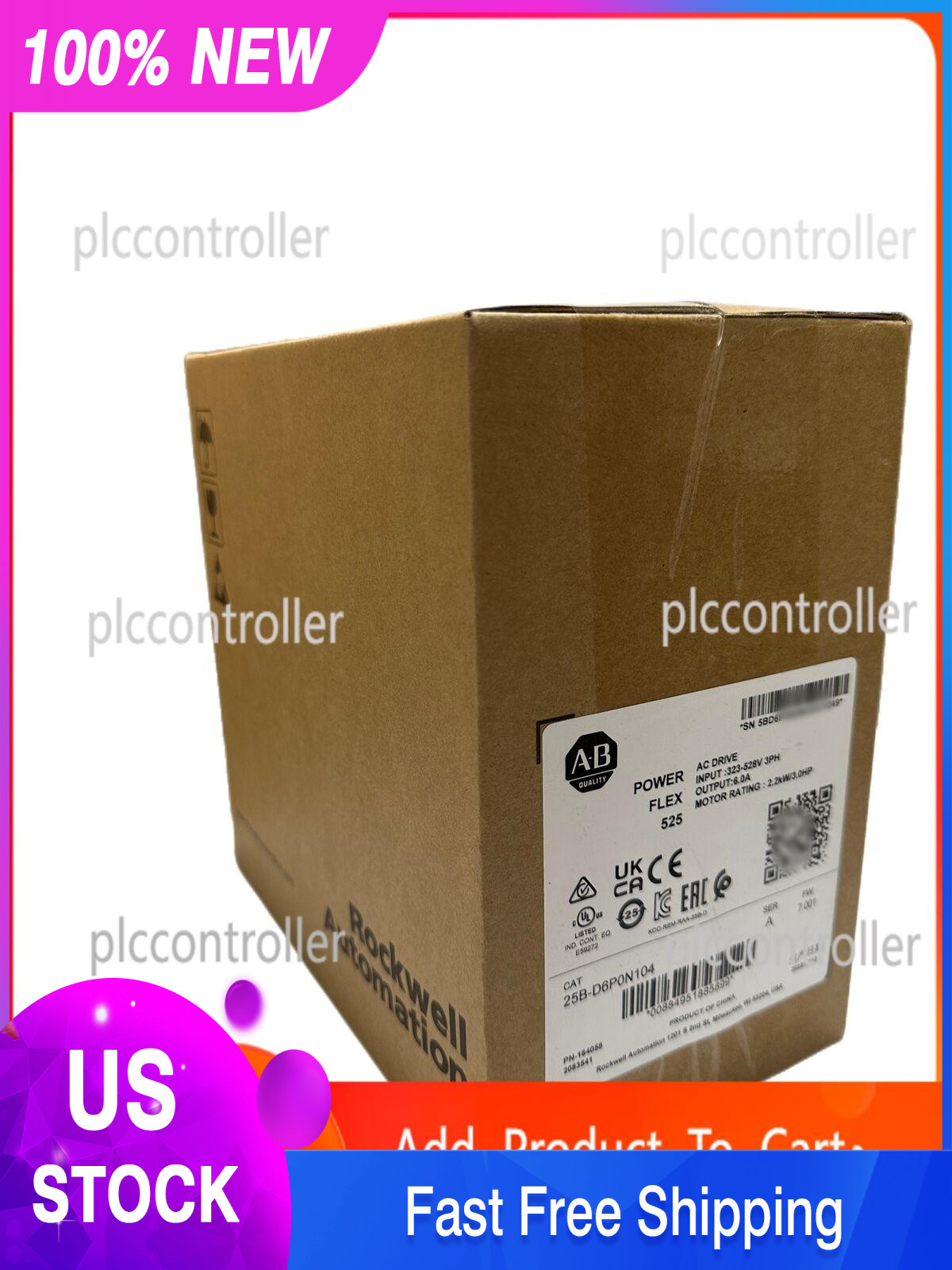 New Allen-Bradley 25B-D6P0N104 PowerFlex 525 AC Drive 480VAC 3 HP 2.2kW