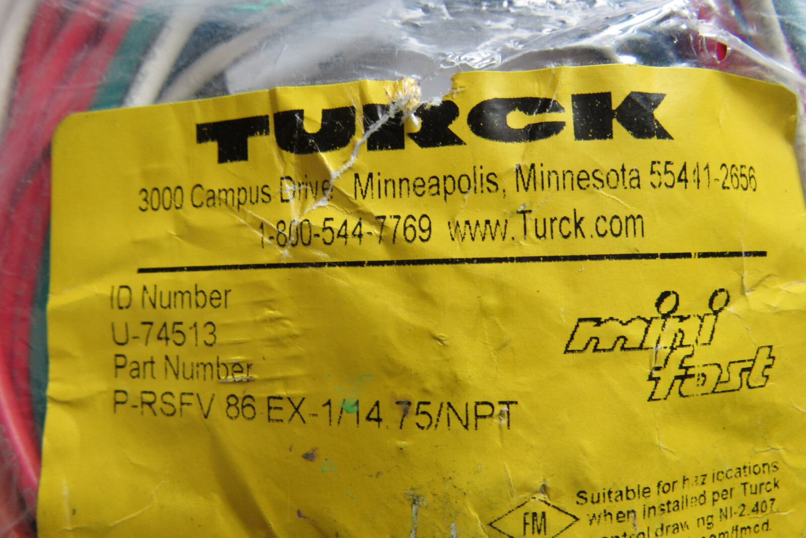 New TURCK U-74513 P-RSFV 86 EX-1/14.75/NPT MiniFast Straight Male Receptacle USA