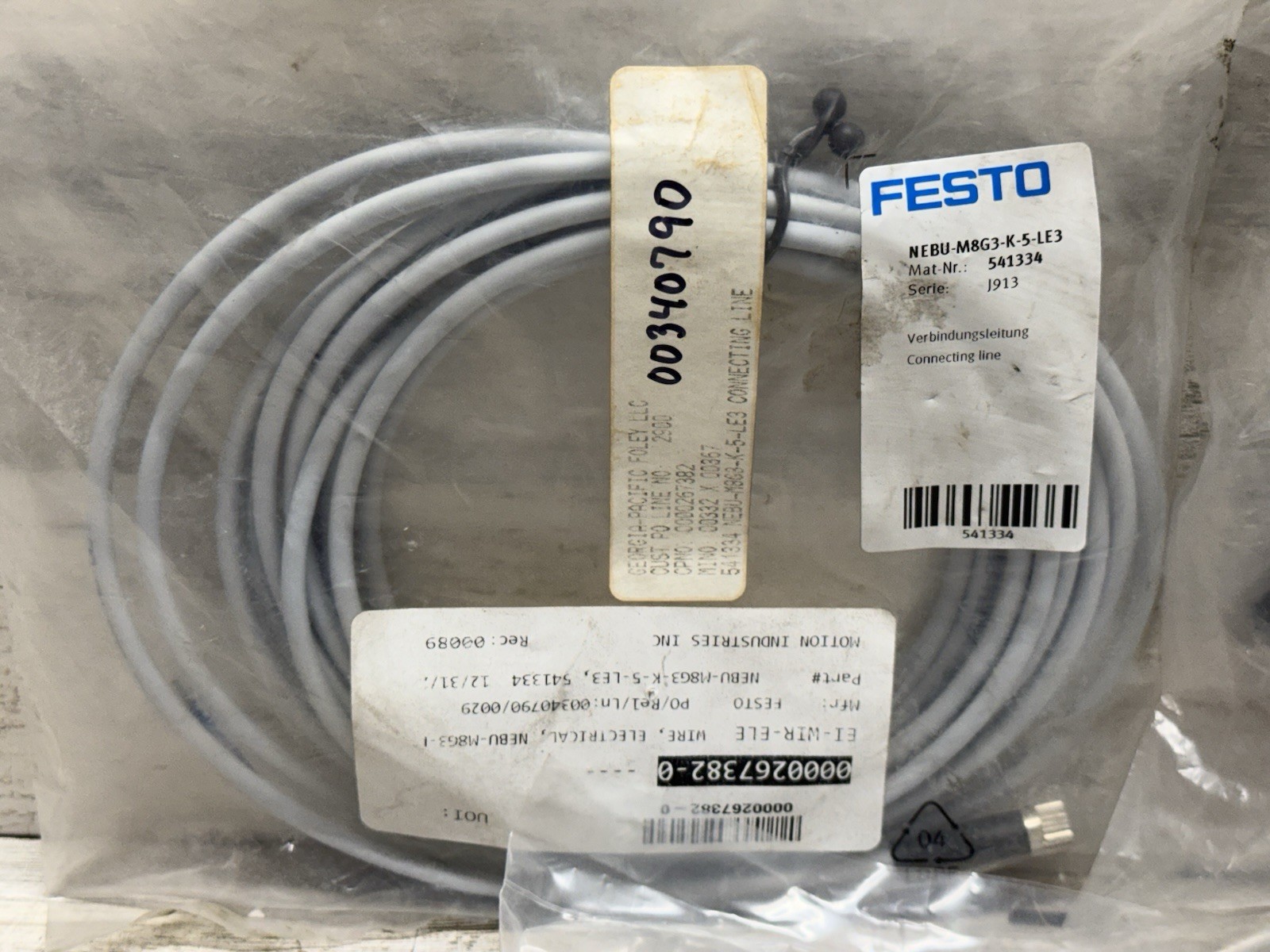 Lot of 3 FESTO NEBU-M8G3-K-5-LE3 — 541334 Connecting Cable New