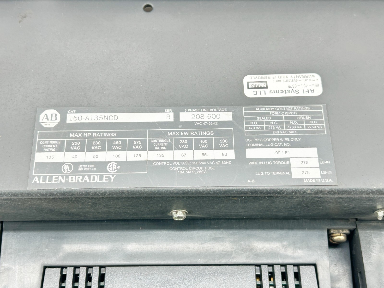 Allen Bradley 150-A135NCD Motor Controller 135A 3PH 600V 275 Torque 199-LF1