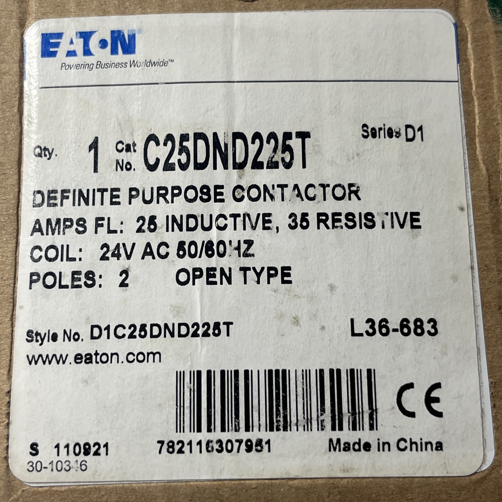 Cutler-Hammer C25DND225T 2 Pole Contractor 24V, 2Pole, New
