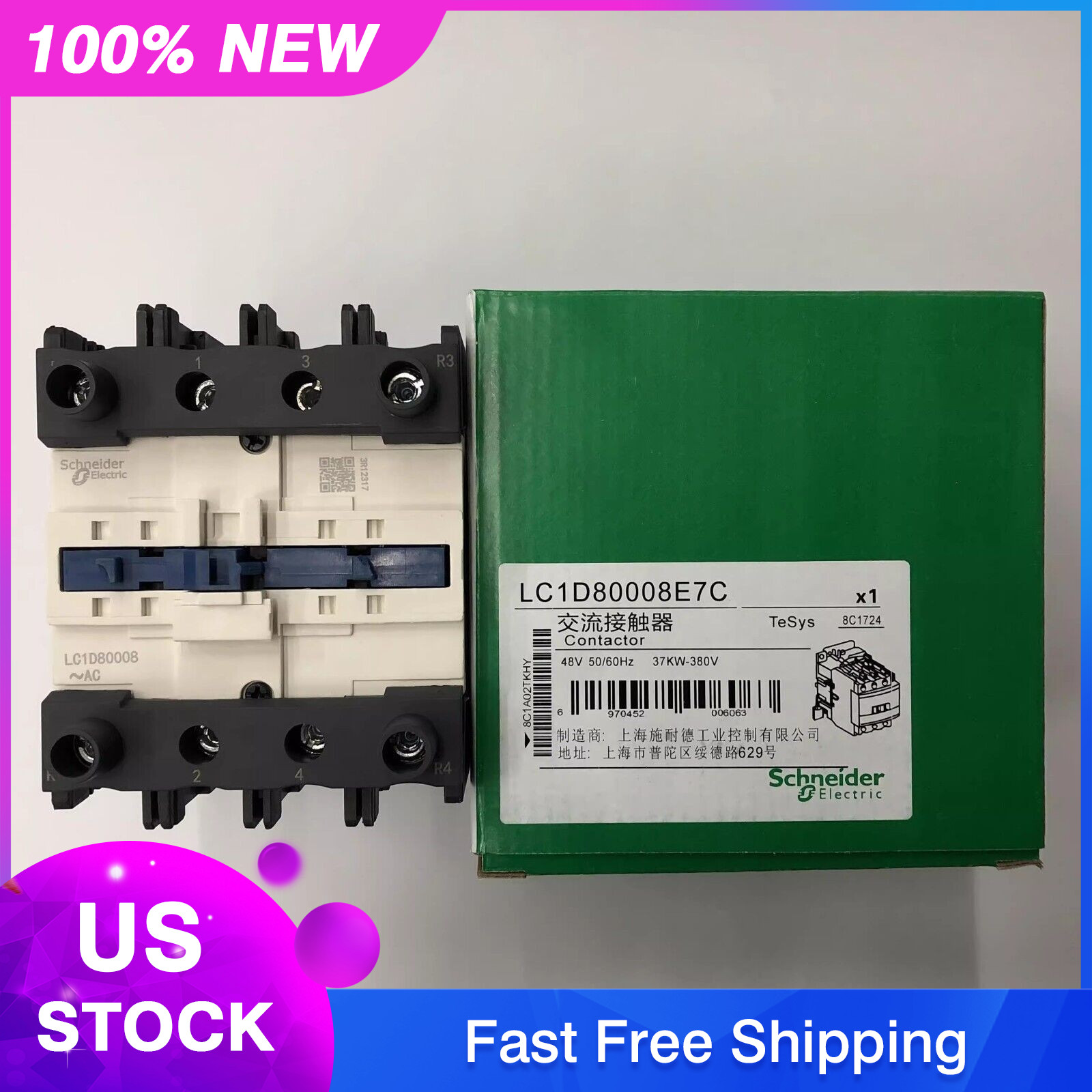 for LC1D80008E7C AC48V 2-open, 2-closed 4-pole AC contactor US Free TAX