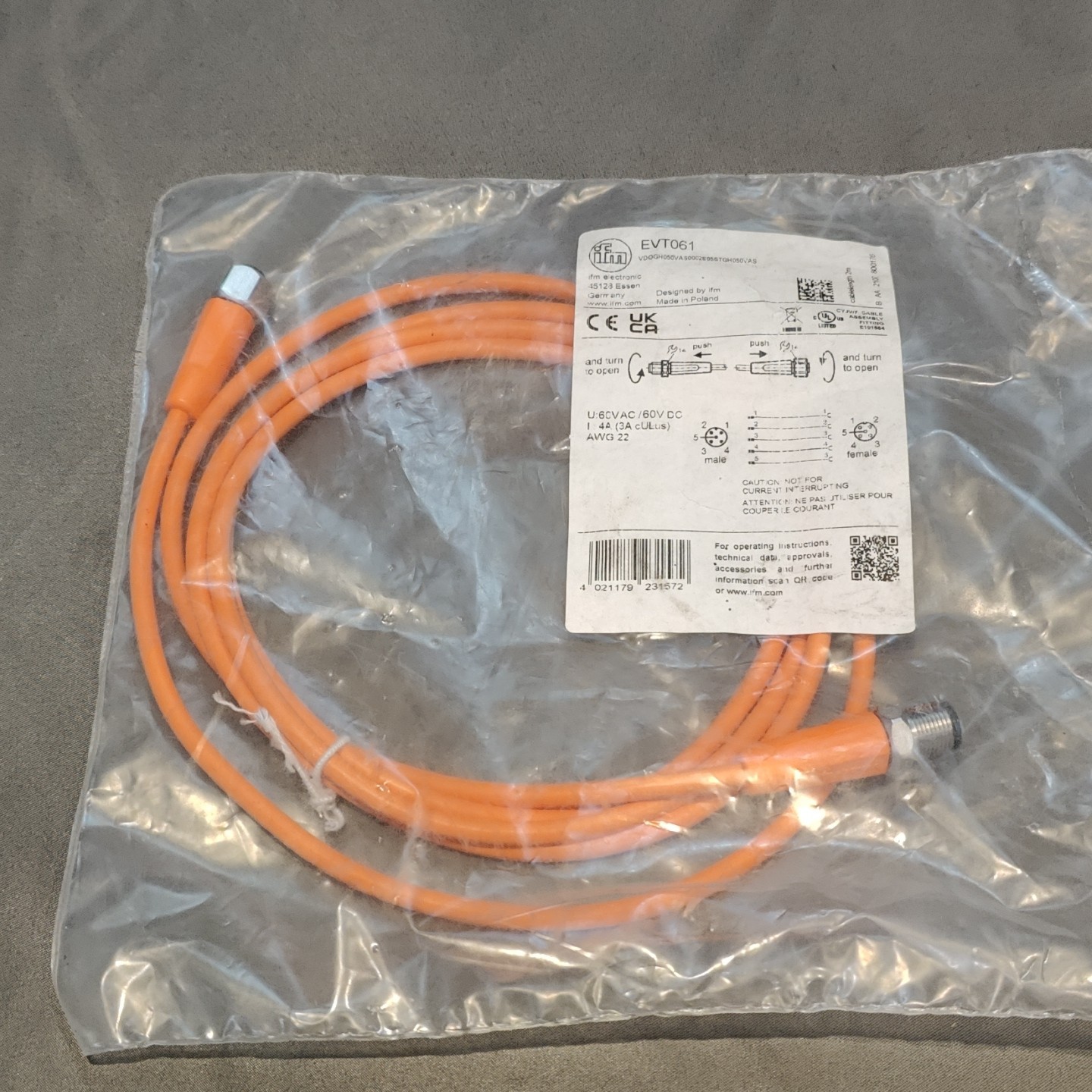 New, IFM Electronic EVT061, 2m, Male – Female Sensor Cable Cordset