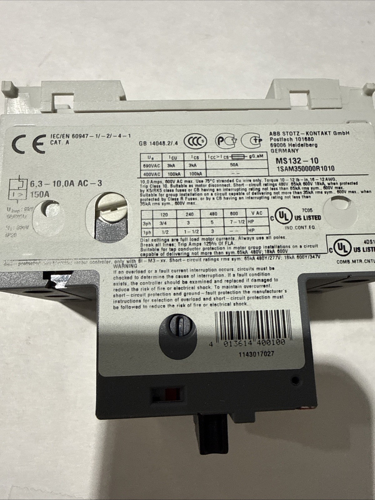NEW* ABB MS132-10 (6.3-10A) Motor Protection Circuit Breaker Free US shipping
