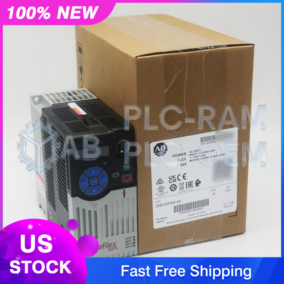 New Sealed Allen Bradley 25B-D6P0N104 PowerFlex 525 2.2kW (3Hp) AC Drive 3 Phase