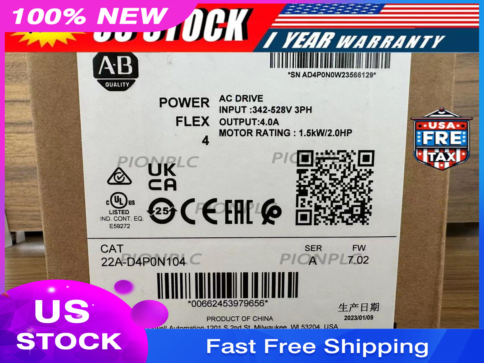 22A-D4P0N104 2022 SER A New Allen Bradley PowerFlex 4 1.5 kW 2 HP AC Drive
