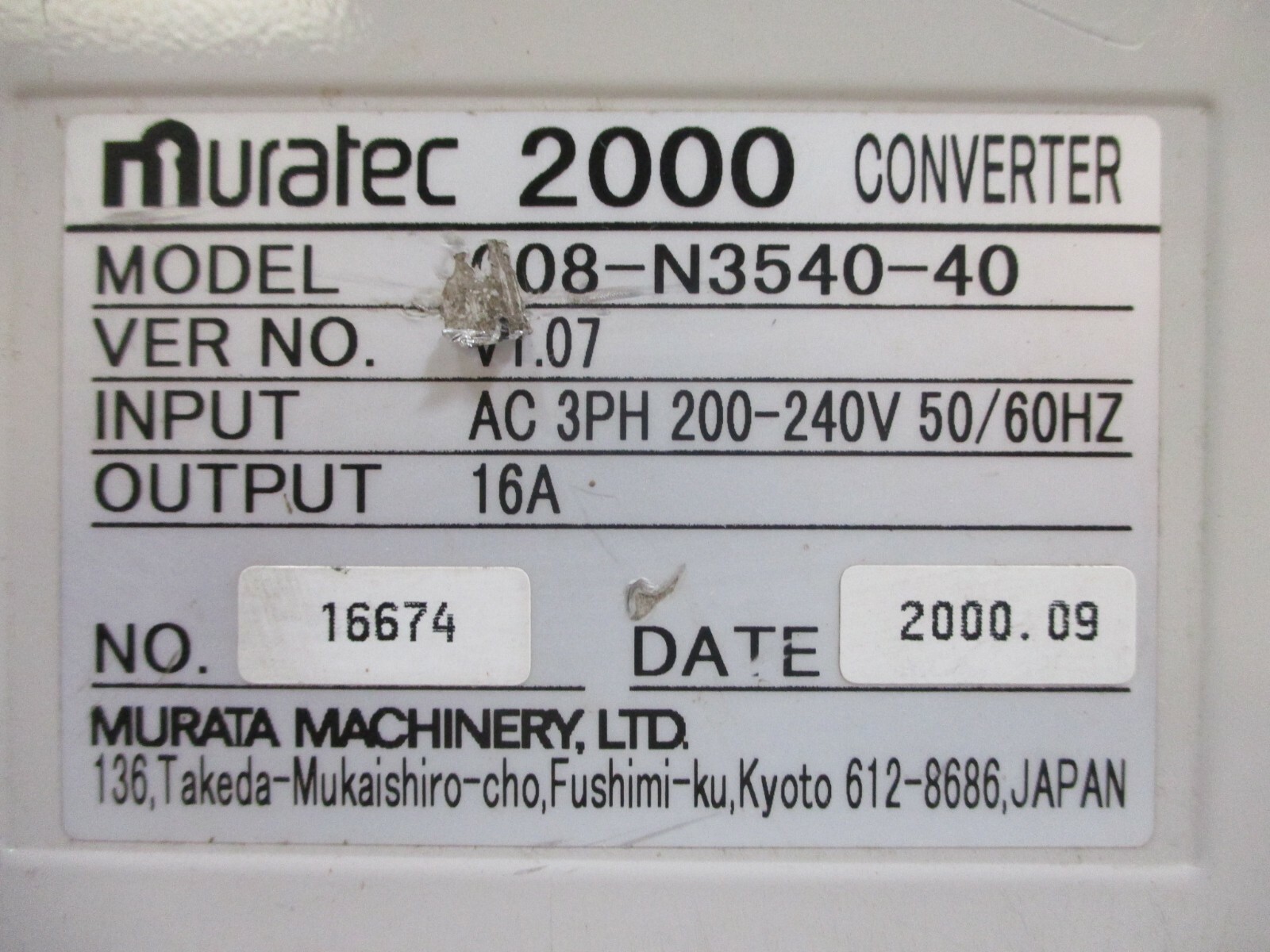 Murata 008-N3540-40 Muratec 2000 Converter 200-240V 16A 008-N3540-513/613