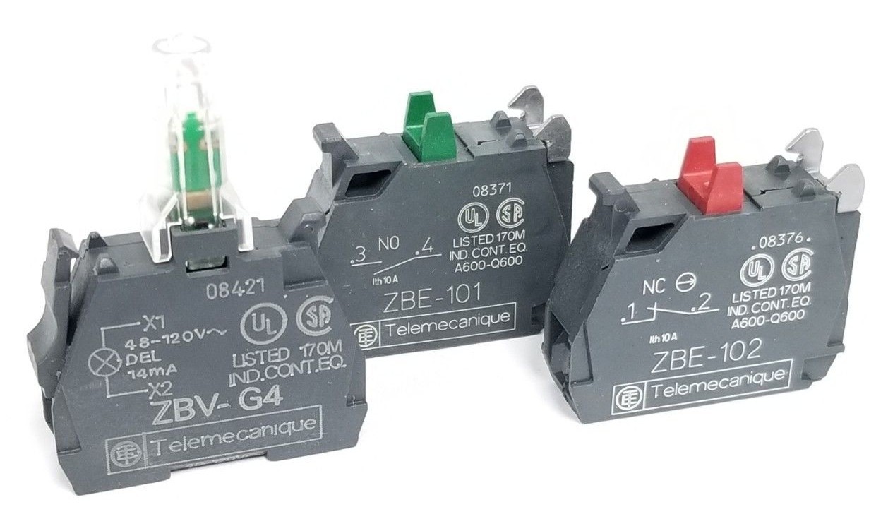 LOT OF 3 TELEMECANIQUE CONTACT BLOCKS (1) ZBV-G4 (1) ZBE-101 (1) ZBE-102
