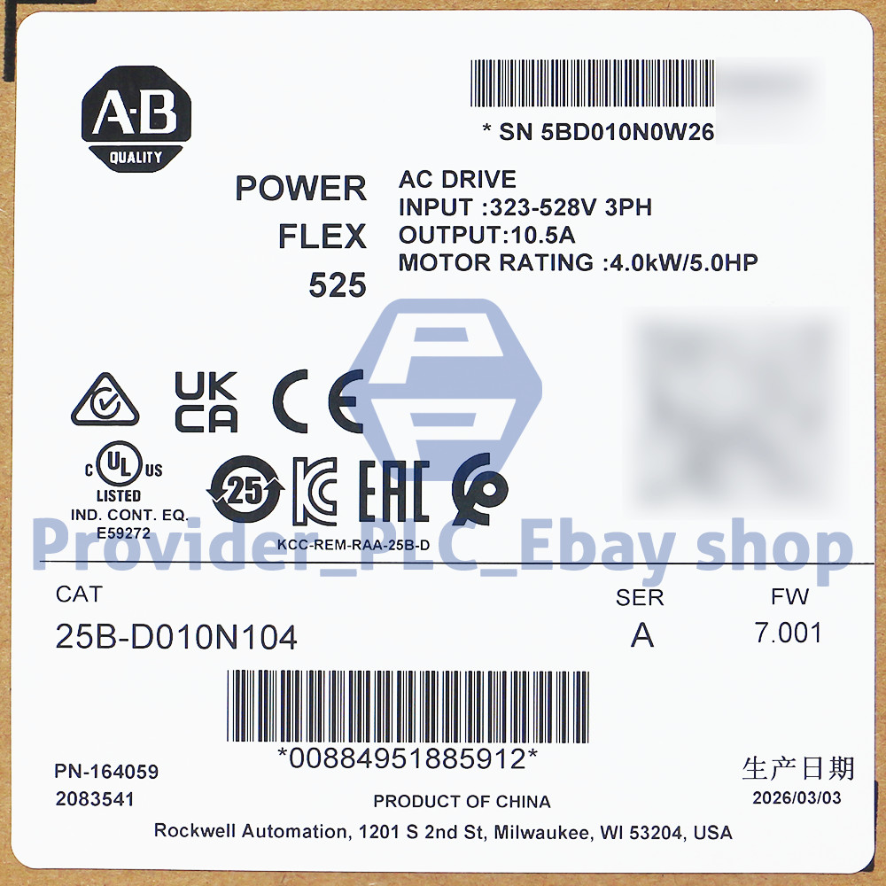 Allen Bradley 25B-D010N104 /A Powerflex 525 AC Drive 5HP 4.0KW 25BD010N104