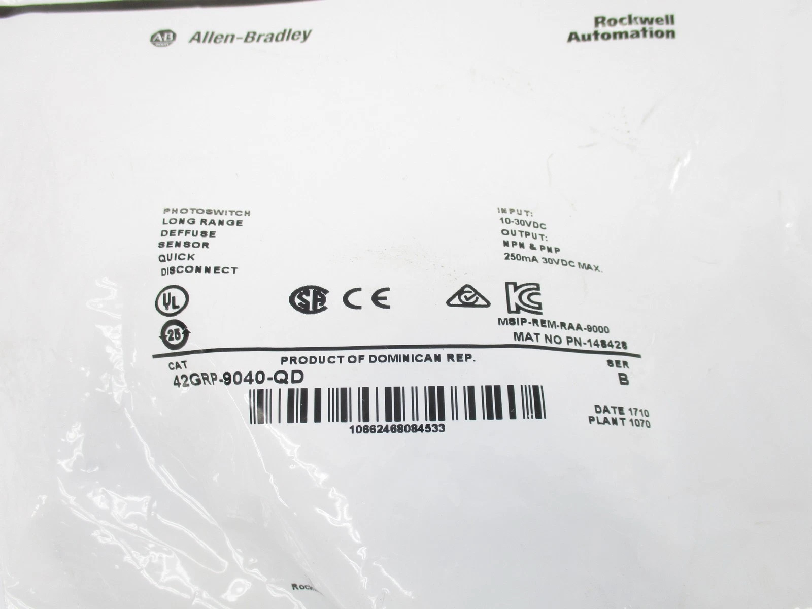42GRP-9040-QD New Allen Bradley Series 9000 Photoelectric Sensor 3.04m (10ft)