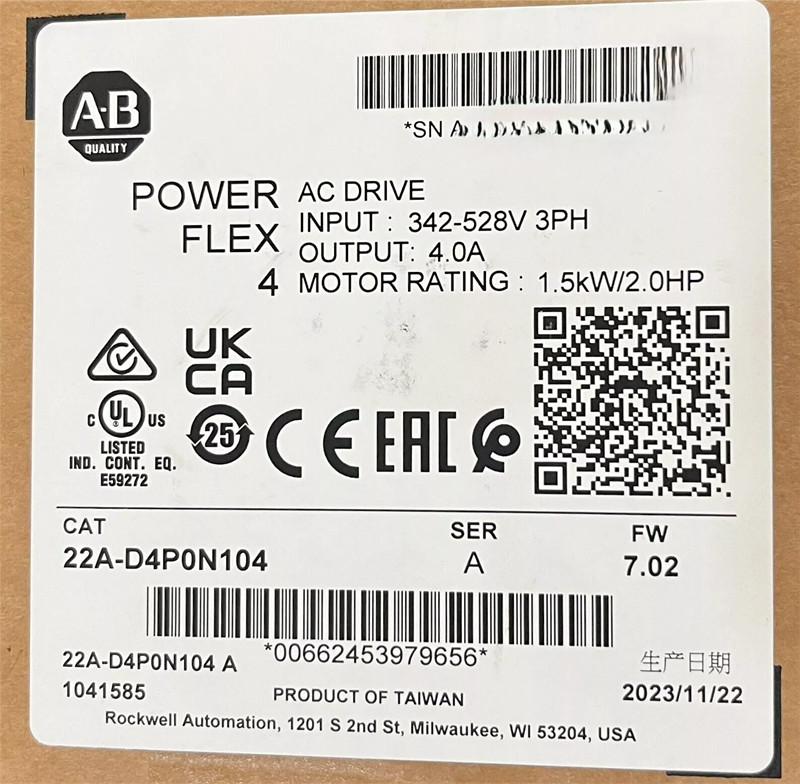 AllenBradley 22A-D4P0N104 PowerFlex4 1.5 kW 2HP AC Drive 480VAC 3PH LED Display