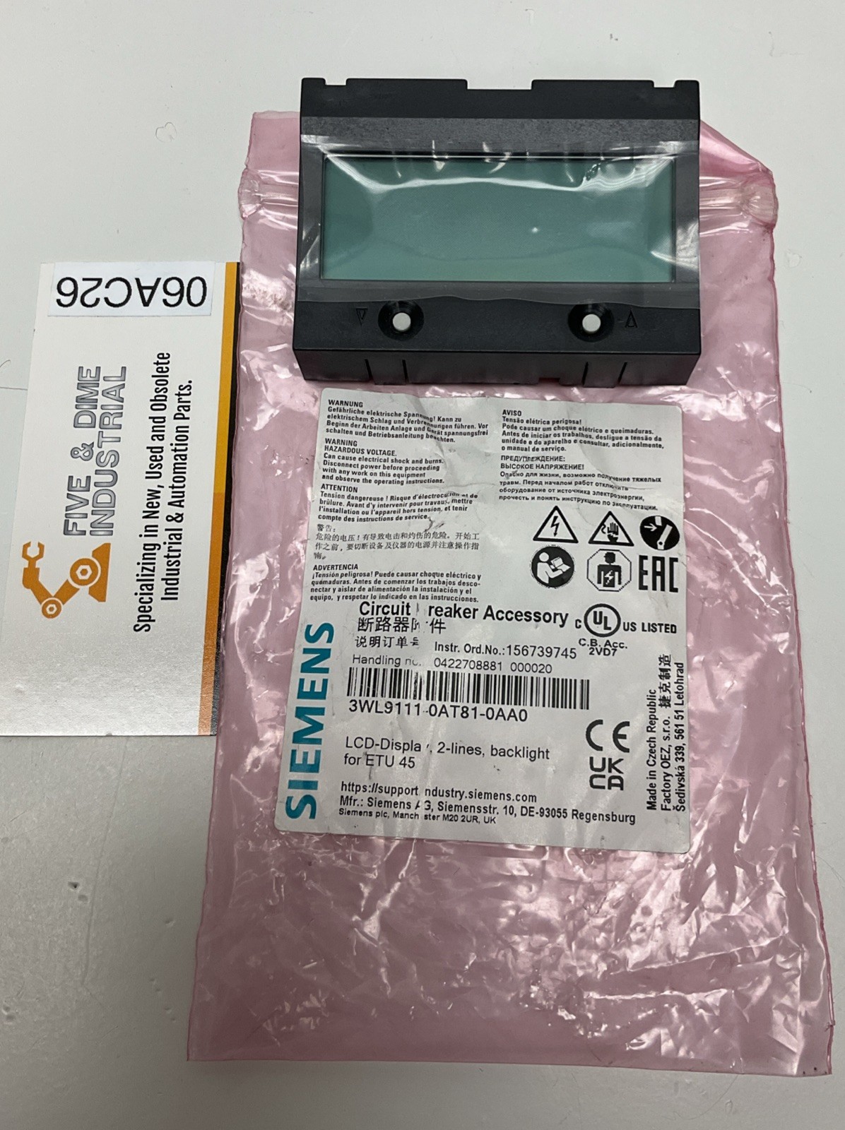 Siemens 3WL9111-0AT81-0AA0 Air Circuit Breaker Accessory 2-Line LCD Display