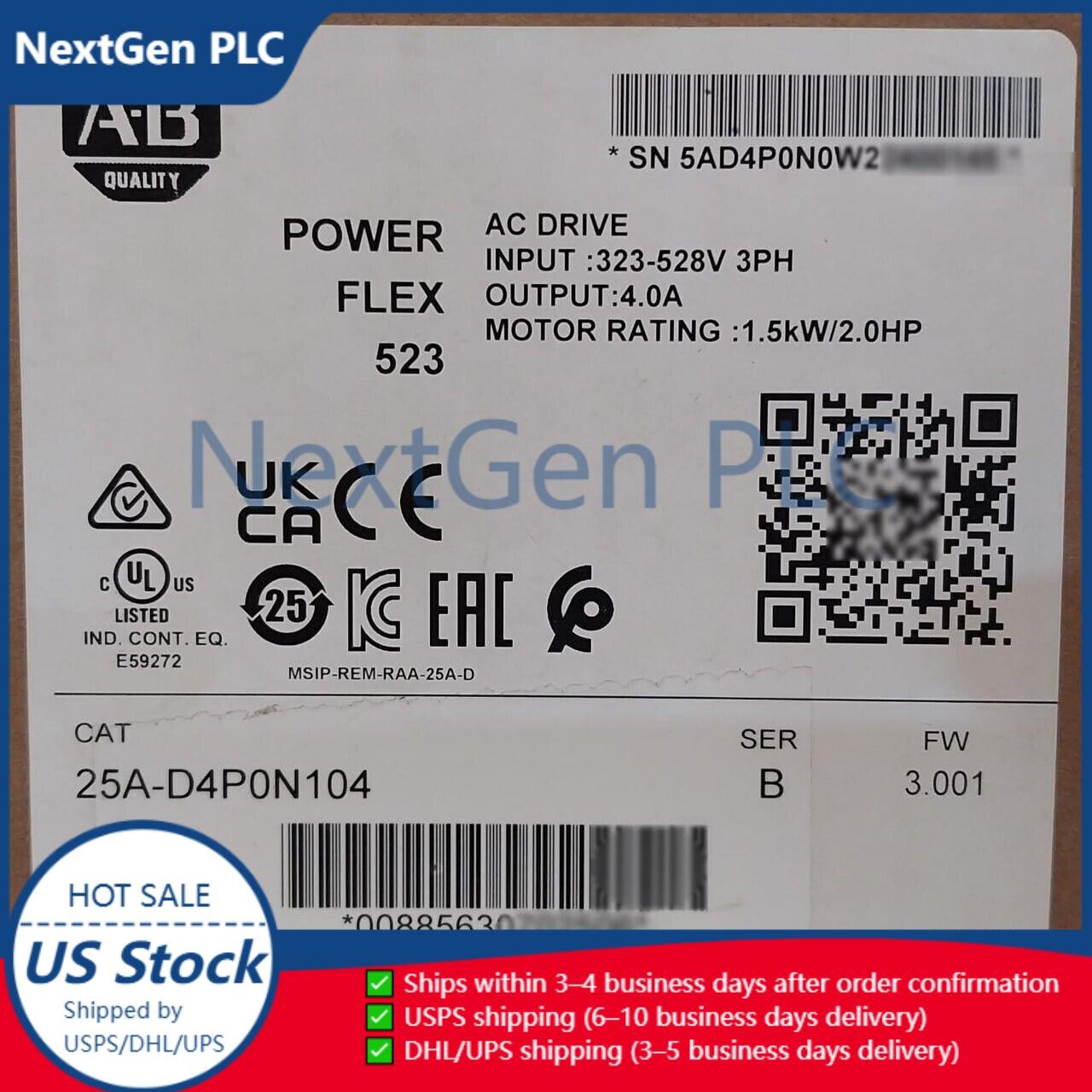New Sealed Allen-Bradley 25A-D4P0N104 Ser B PowerFlex 523 AC Drive 1.5kW 2.0HP