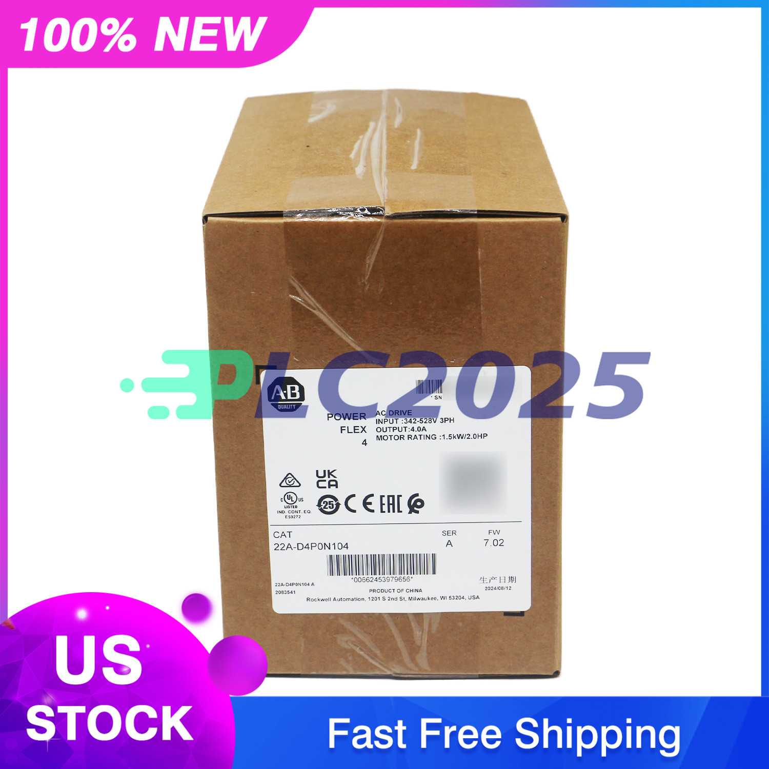 Allen Bradley 22A-D4P0N104 PowerFlex 4- 1.5 kW (2 HP) AC Drive New Sealed