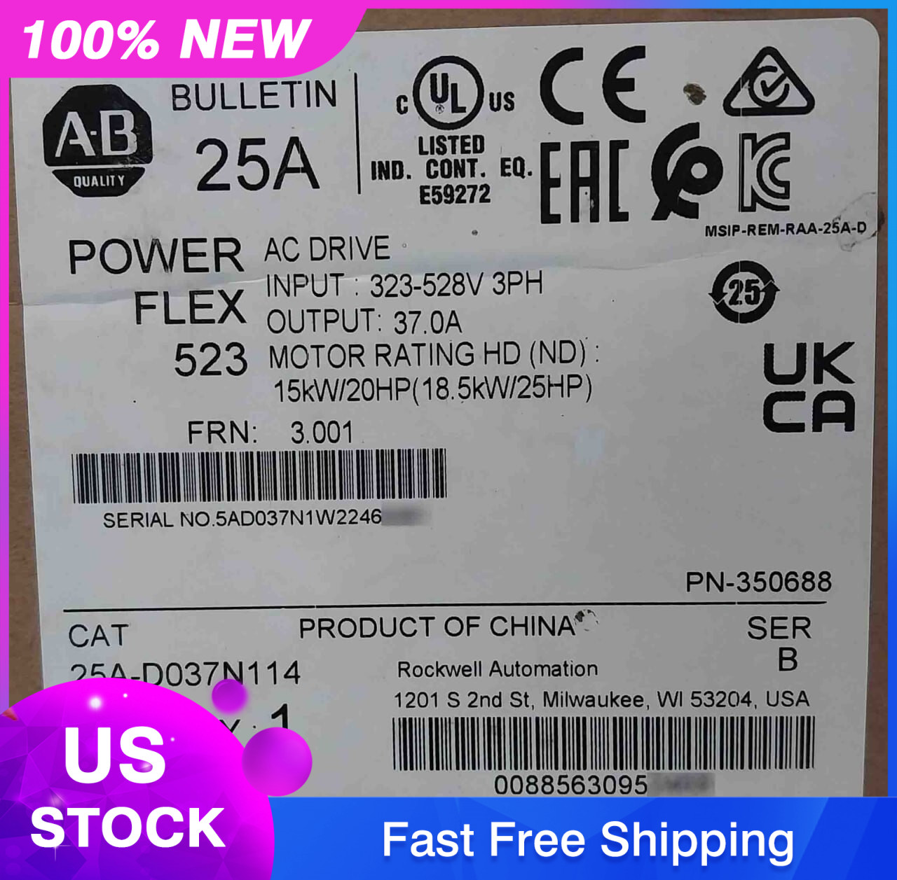 AB Allen-Bradley 25A-D037N114 Servo B Powerflex 523 AC Caminos 20HP