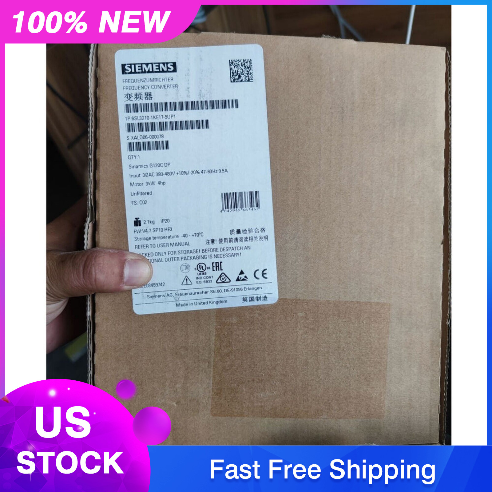 New Siemens 6SL3210-1KE17-5UP1 SINAMICS G120C 3,0KW Power Module Expedited Ship
