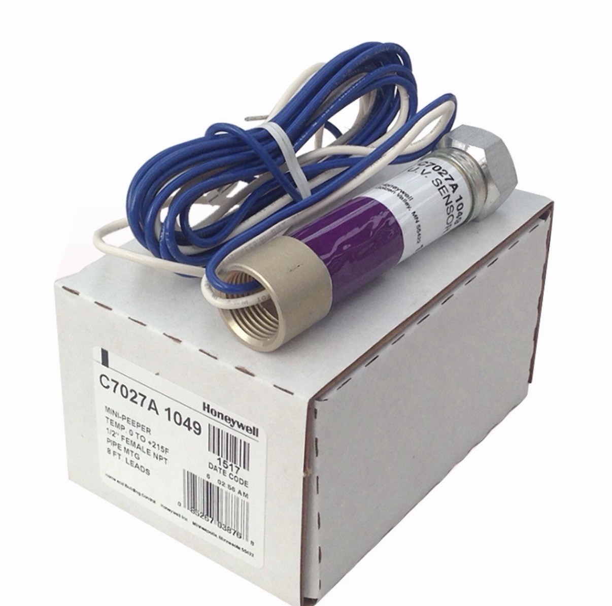 OEM Honeywell C7027A1049 Minipeeper UV Flame Detector Sensor 1/2” NPT 8ft Leads